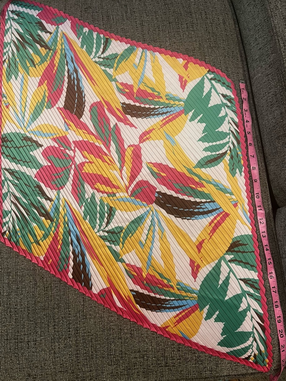 Tropical Leaf Print Pleated Scarf in Pink, Yellow & Green